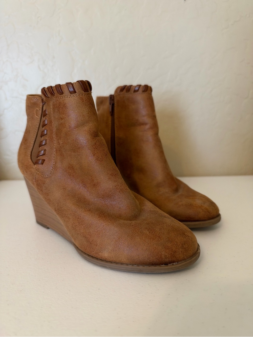 Maurices Brown Wedge Ankle Booties with Whipstitch Trim